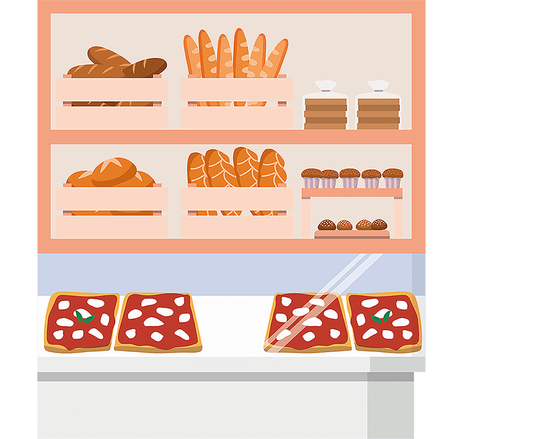 Illustration showing a counter at a bakery, a selection of breads and cakes are in the background and pizzas or on display at the counter.