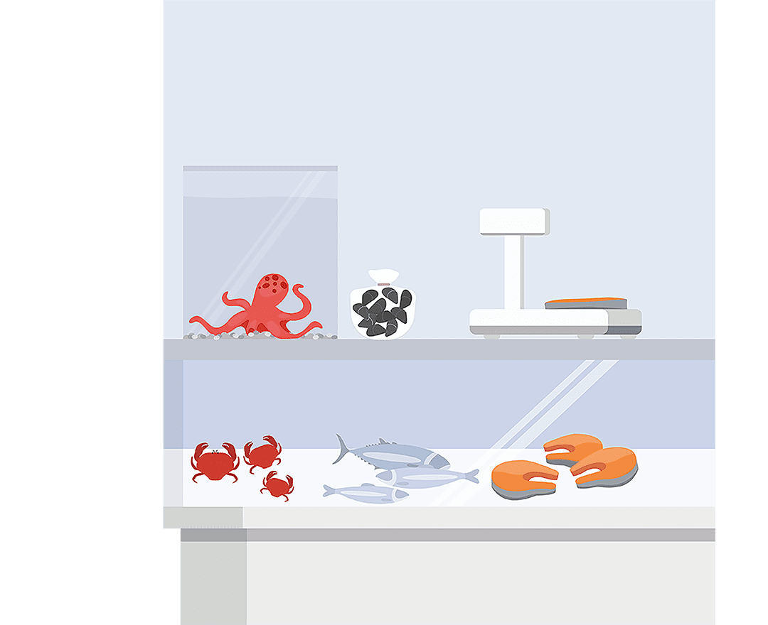 Illustration showing a supermarket fish counter, with various fish and seafood on display.