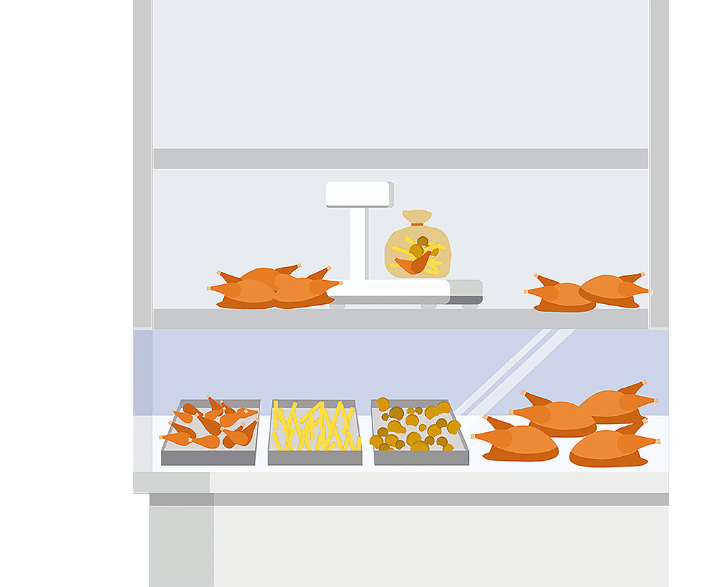 Illustration showing a deli counter containing chicken and fries.
