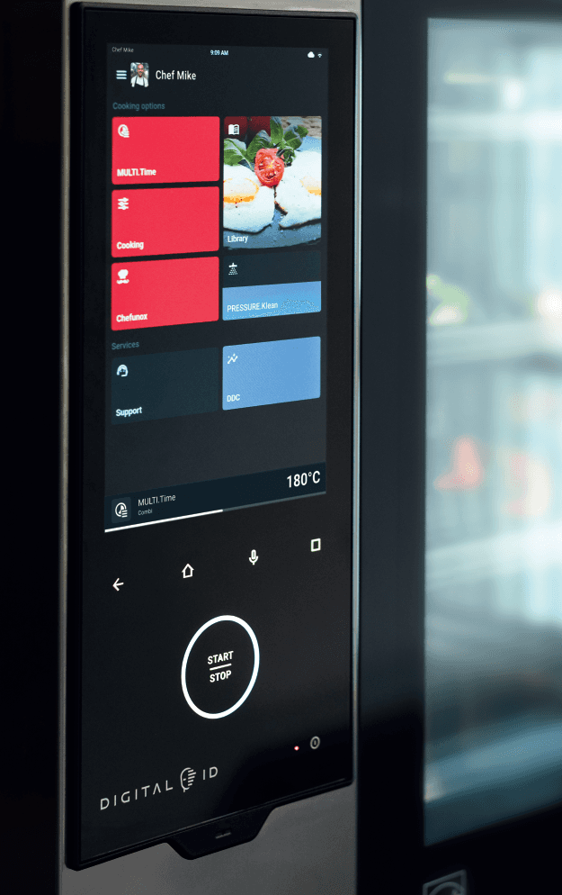 Touchscreen display of a Unox smart commercial oven showing the Home screen