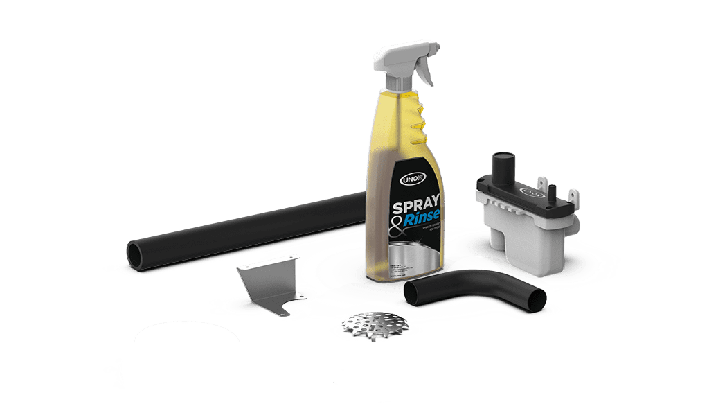 Unox Contiene tutte le parti necessarie per la corretta installazione di un singolo forno e una bottiglia di SPRAY&Rinse 750ml. XUC013.