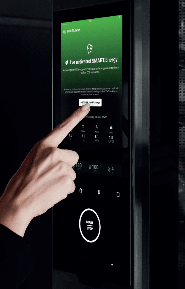 Finger selecting the automatic energy-saving function on the touchscreen display of a Unox smart commercial oven