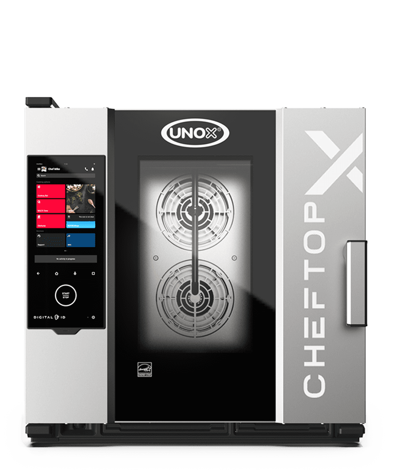 Unox Cheftop-X combi oven, black and steel sleek design with multi-colour touch display panel.