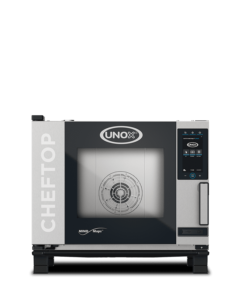 Unox commercial convection oven, with black and steel design.