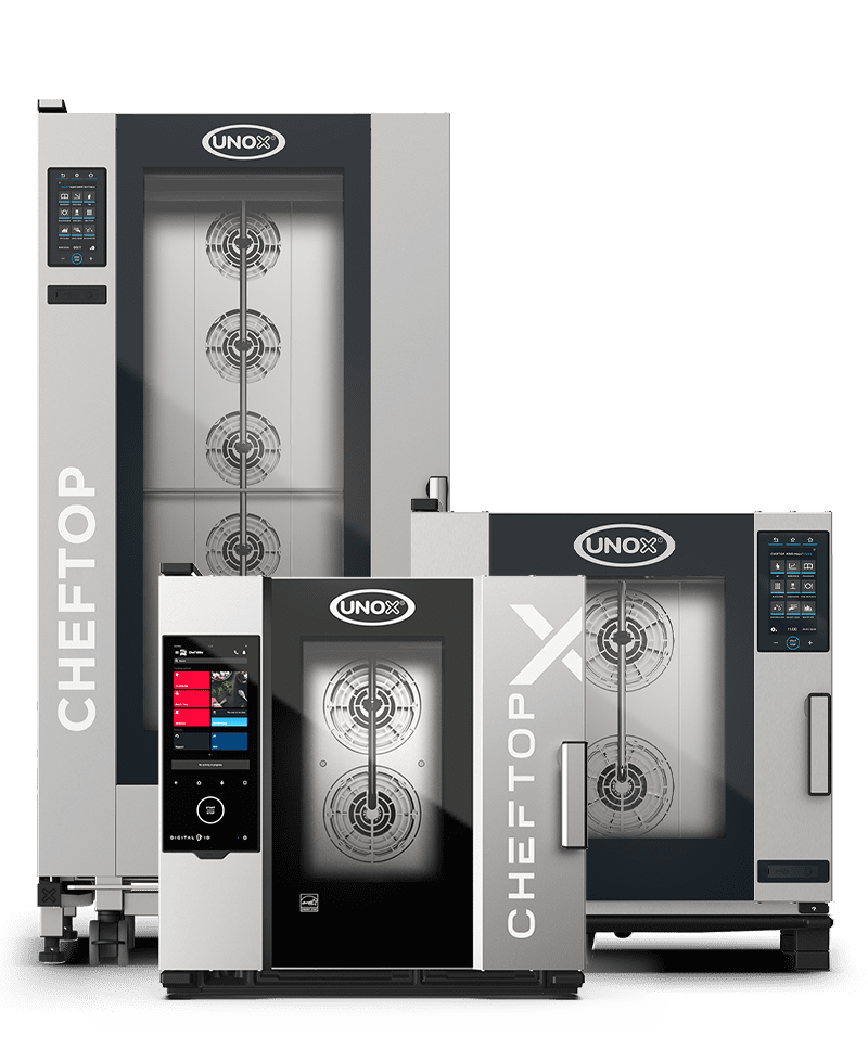 Trio of combi ovens next to each other, a tall chefop combi oven with a smaller cheftop mind.maps oven and a cheftop-x oven in front.