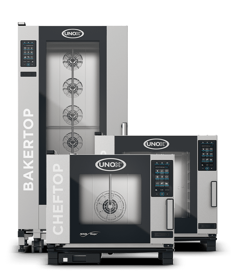 Trio of combi ovens next to each other, a tall bakertop combi oven with twp smaller cheftop mind.maps ovens in front.