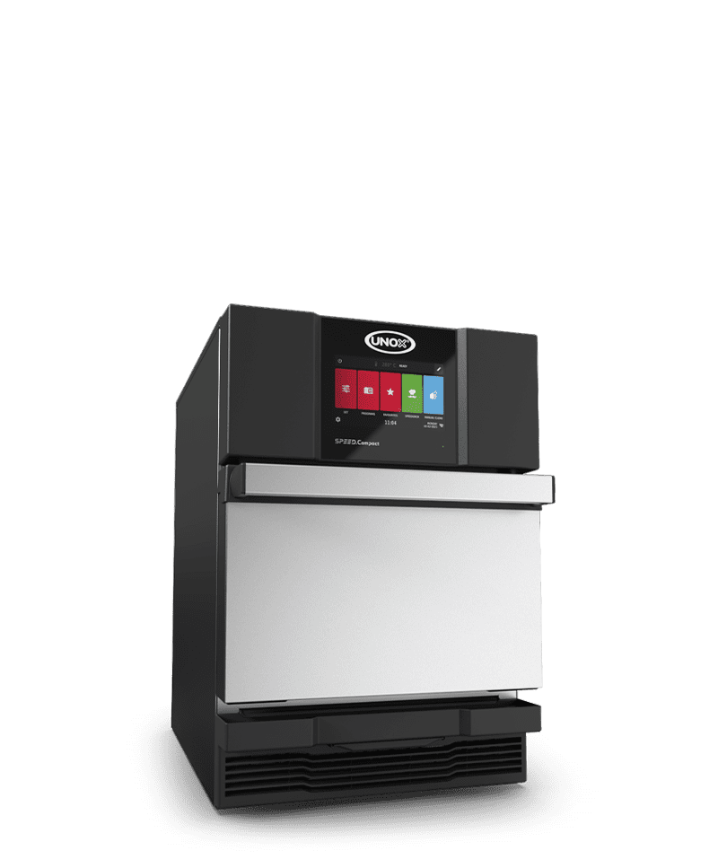 Unox speed oven, speed.compact, a small black and steel oven with pull-down handle and multi-coloured digital display.