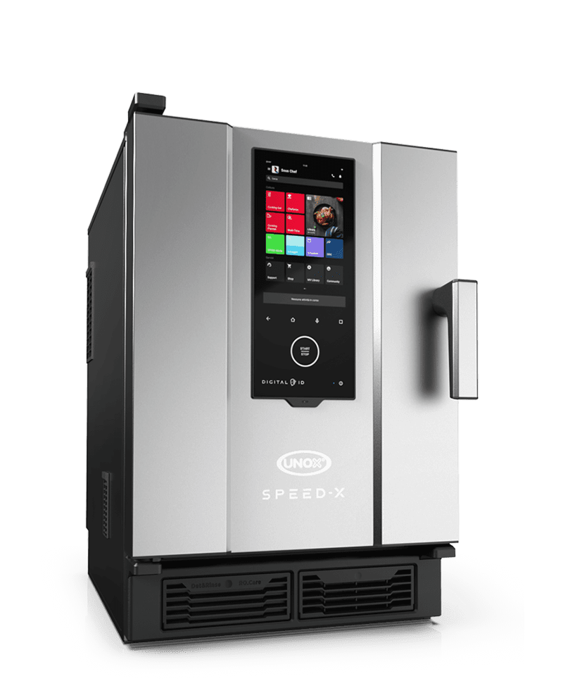 Unox speed oven, speed-x, a sleek steel oven with touchscreen digital display.