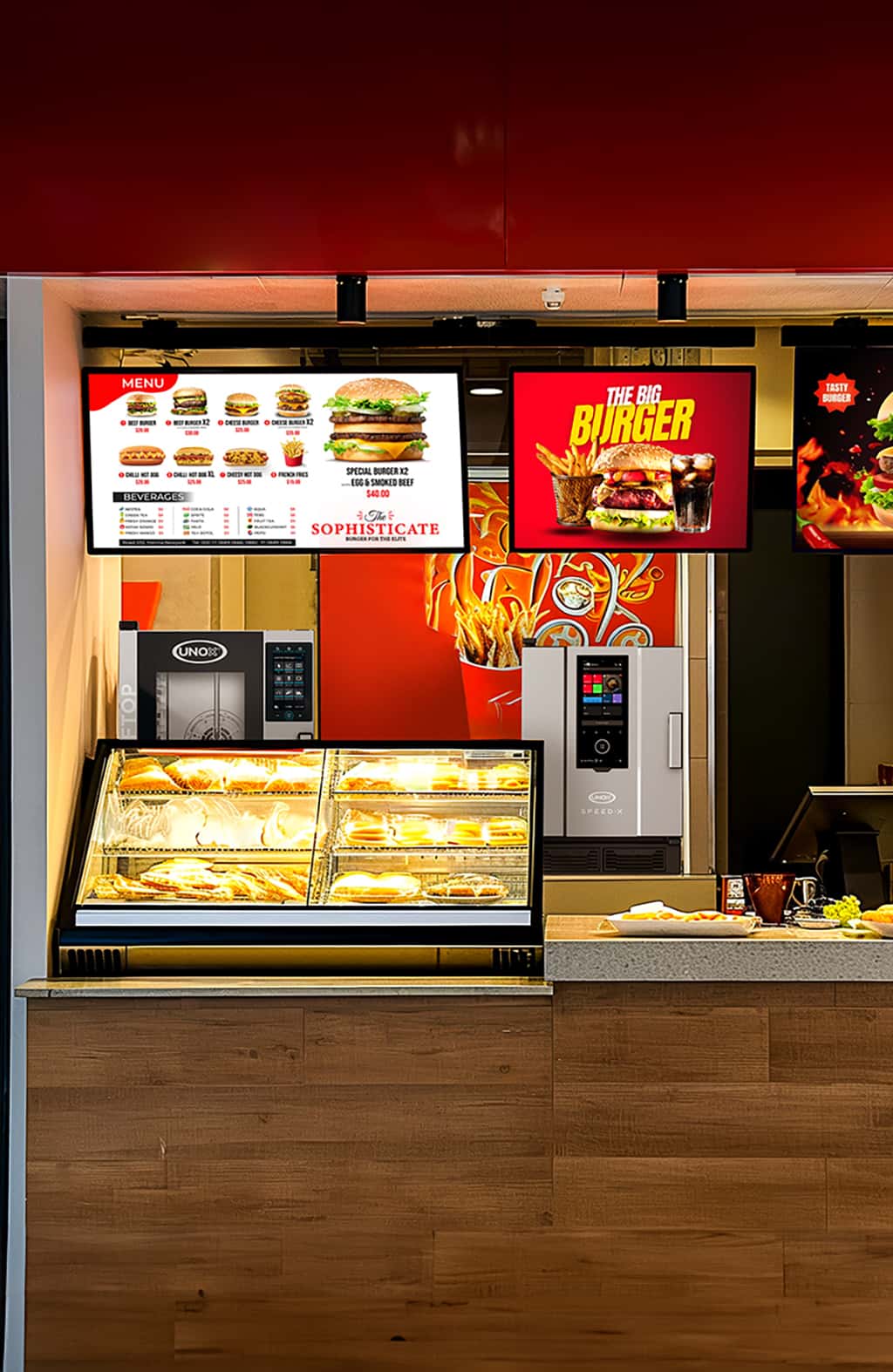 fast food restaurant counter with commercial unox speed-x and cheftop ovens