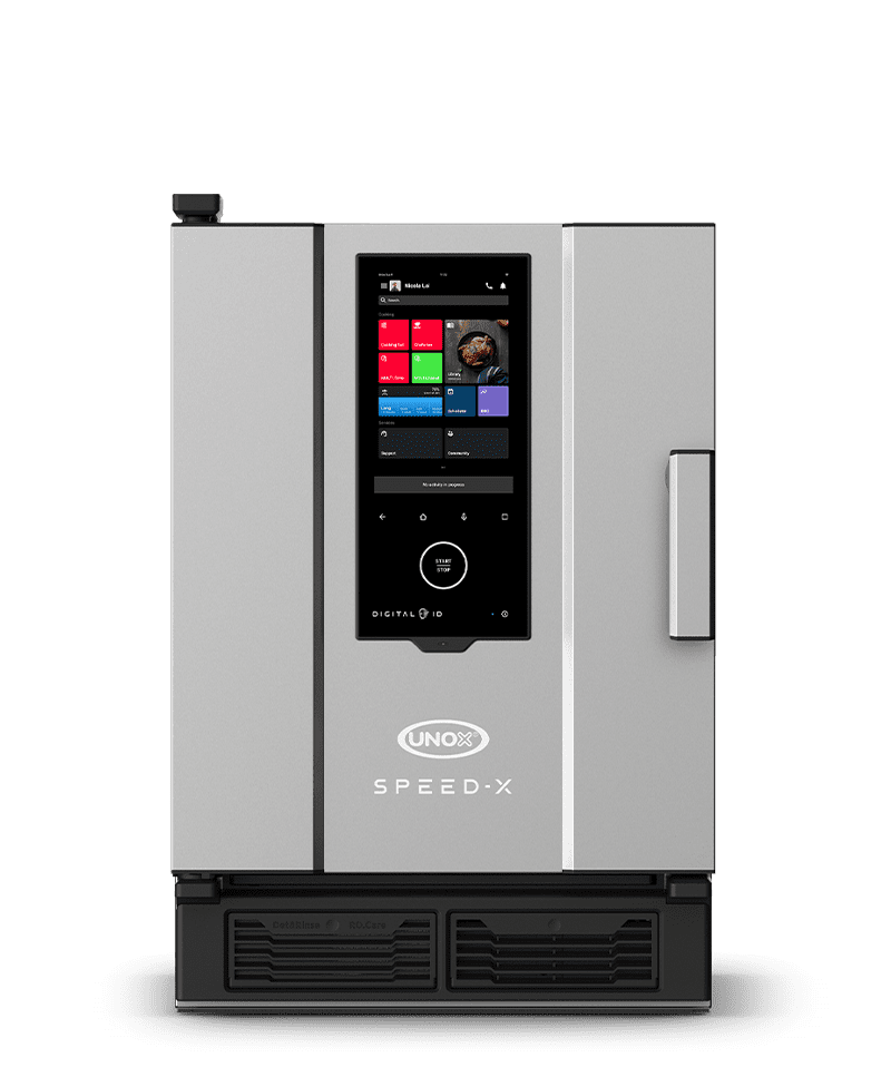 Unox Speed-X speed oven, black and steel sleek design with multi-colour touch display panel on the front. 