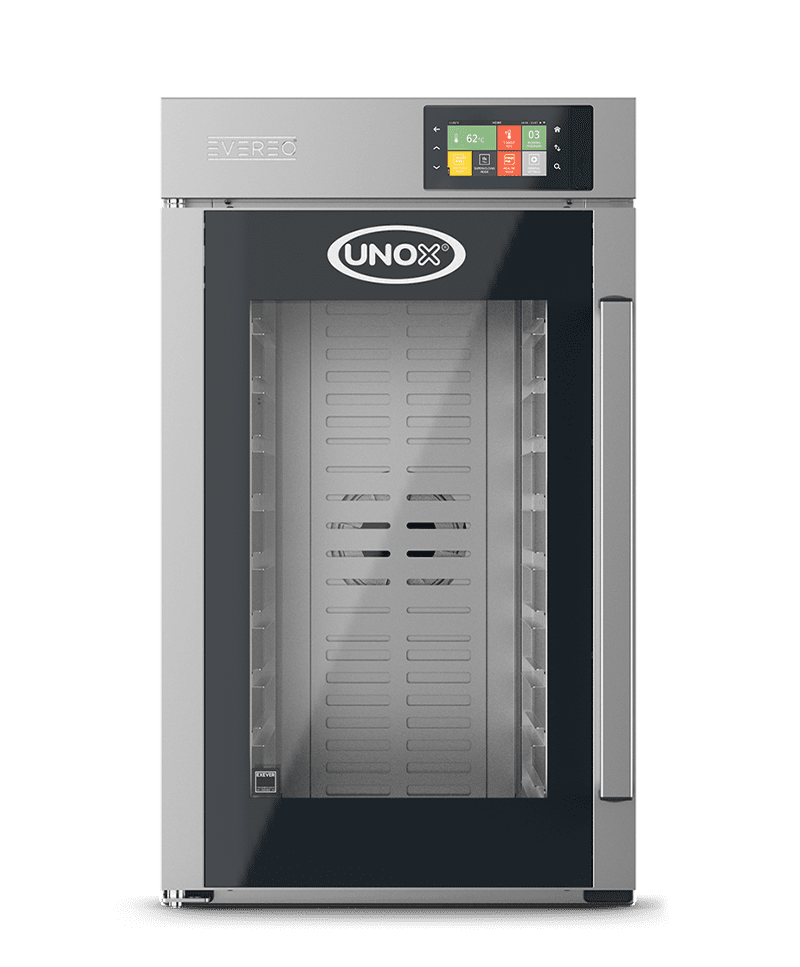 Unox evereo, a sleek hot holding cabinet with intuitive touchscreen display.