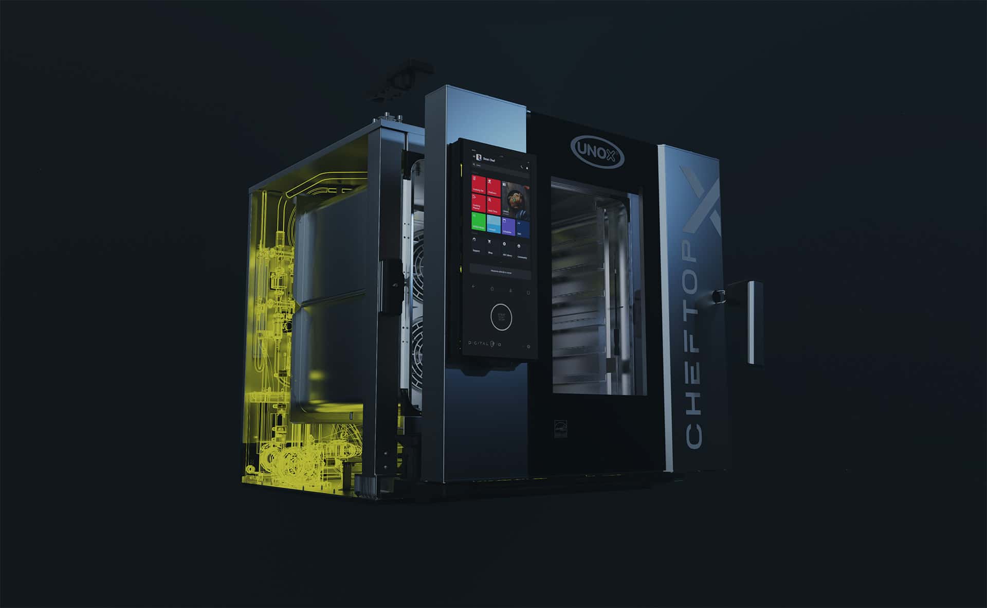 unox commercial oven with highlighted automatic washing system components