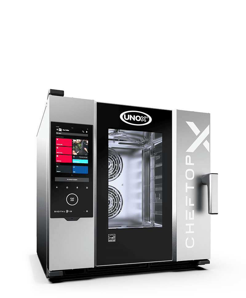 Unox professional combi oven, Cheftop X, a black and steel oven with multi-coloured digital display.