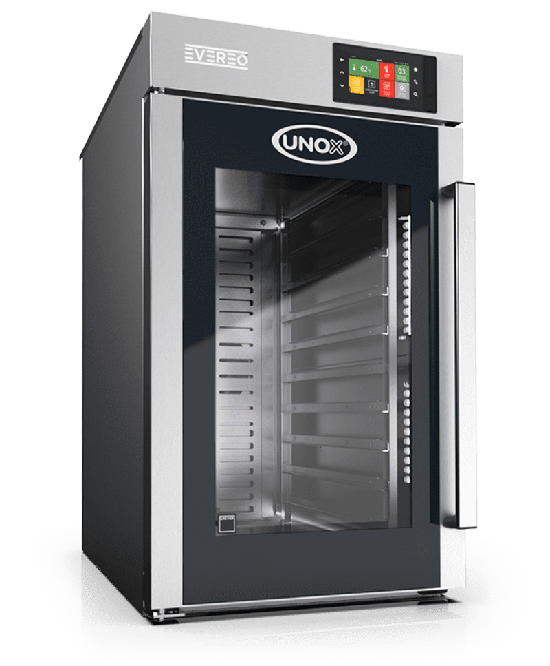 Unox evereo, a sleek hot holding cabinet with intuitive touchscreen display.