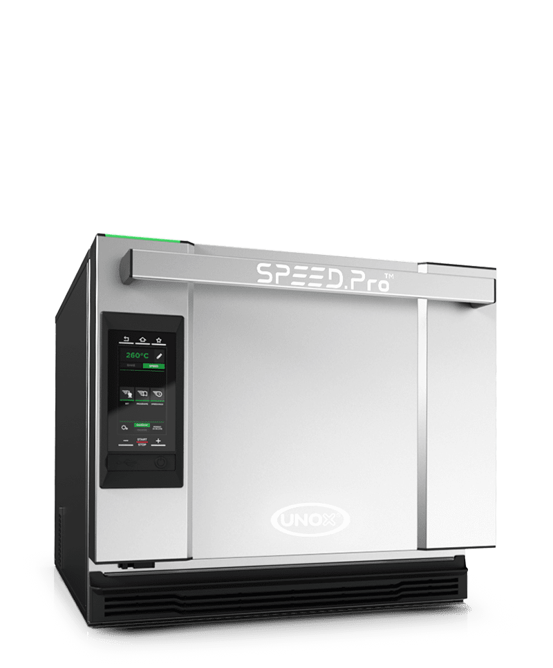 Unox speed.pro, a sleek steel speed oven with speed cooking and baking technology.