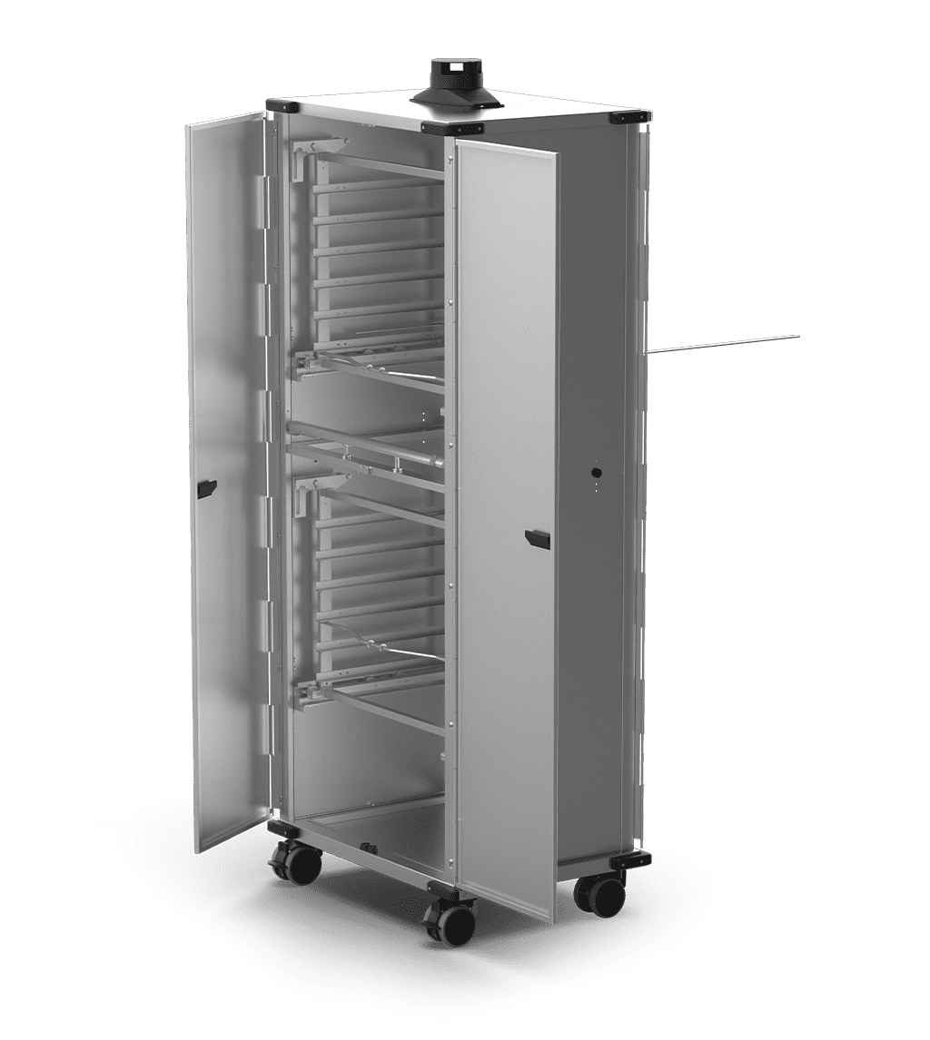 Unox Mobile cabinet equipped with doors and tray-holder baskets to allow 12 trays of food to be put into or taken out of the oven, as well as allowing food to be transported or left to rest. XWBYCN-12EU-D.