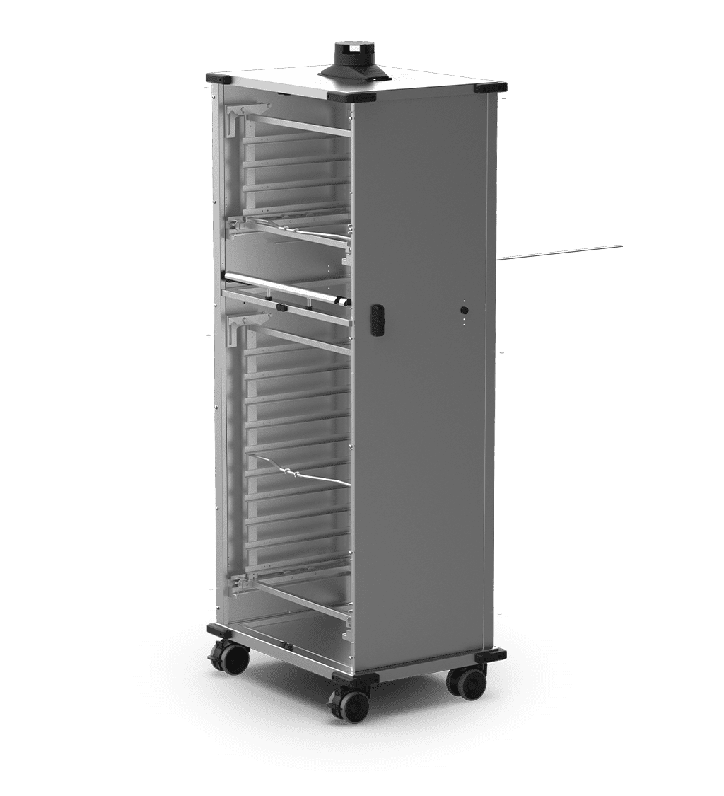 Unox Mobile cabinet without doors equipped with tray-holder baskets to allow 14 trays of food to be put into or taken out of the oven, as well as allowing their easy transportation. XWBYCN-14EU.