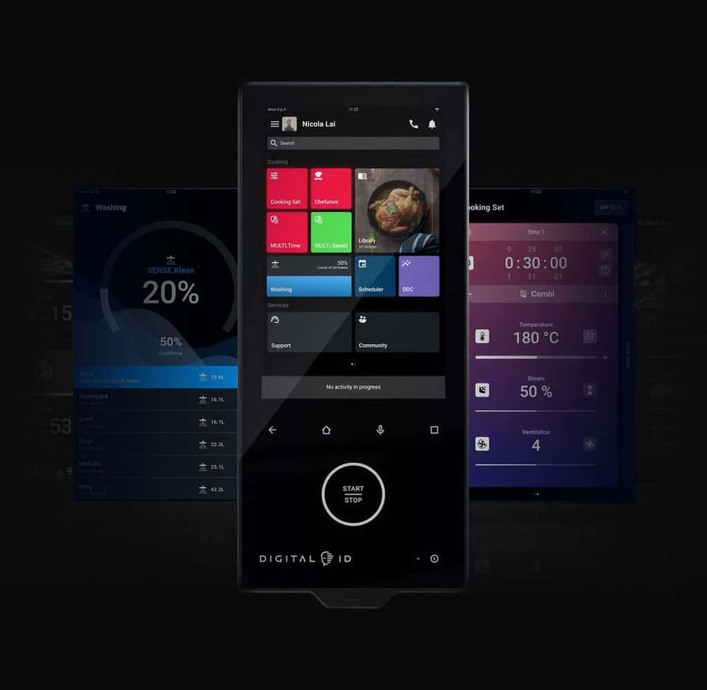 Digital.ID touch display showing the different screens of the interface, including washing programme and cooking programme.
