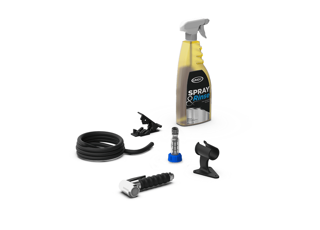 Unox It allows the manual washing of the oven and the filling of the containers. It contains a bottle of SPRAY&Rinse. XC208-SR.