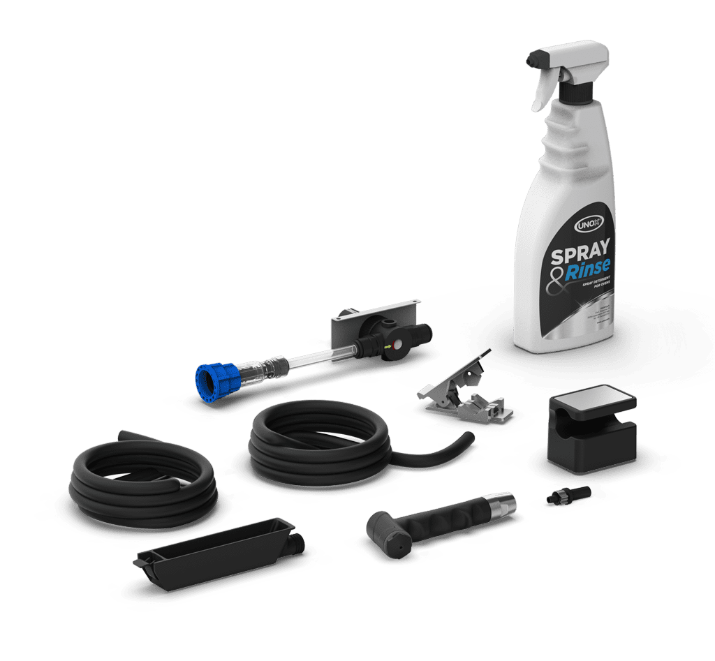 Unox Includes a practical hand shower, drain kit and a bottle of SPRAY&Rinse detergent, providing everything needed to easily clean the oven. XHC053-SR.