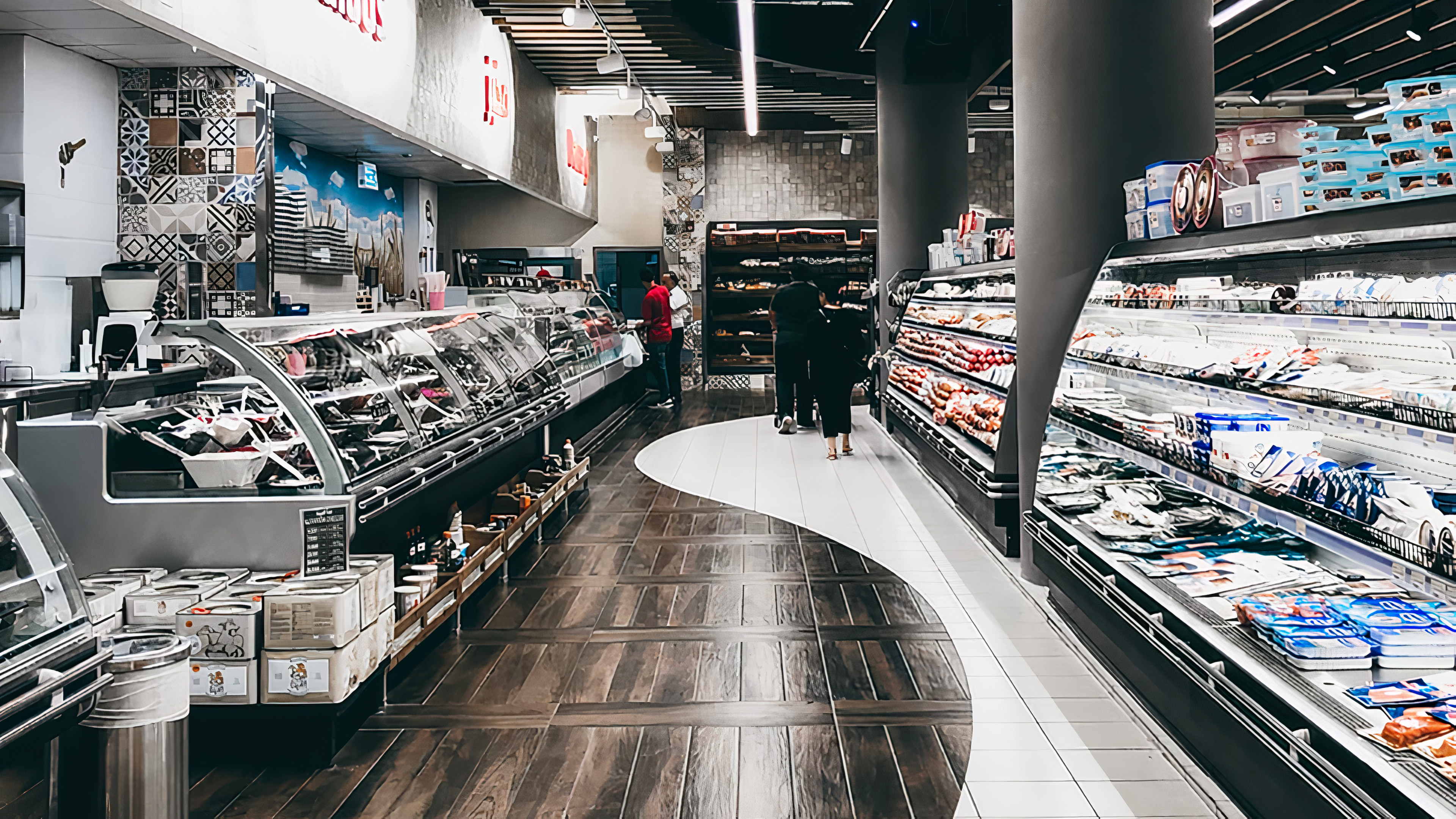 Supermarket aisle with deli counter on one side and chilled cabinet on the other side. Customers can be seen pushing a trolley.
